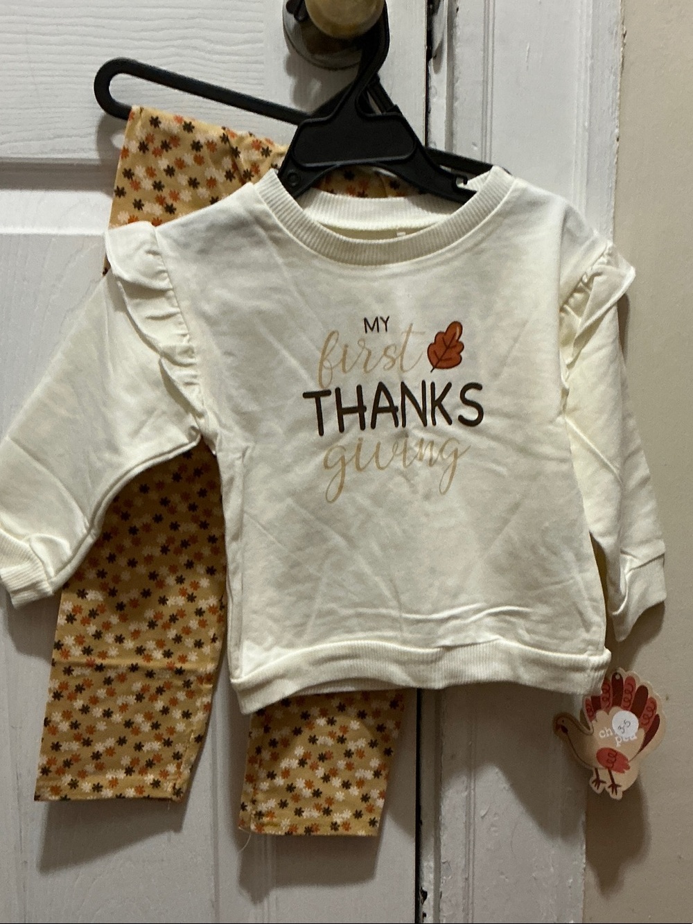 chick pea Cream "My First Thanksgiving" Ruffle Shoulder Sweatshirt Set